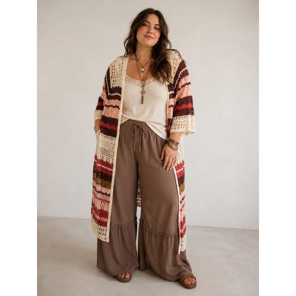 Torrid Womens Plus 1 Crochet Longline Duster Cardigan Striped Cotton 148862